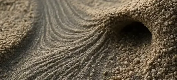 Photorealistic powder bed visualizing quantum thinking in powder technology through mixed flow and cohesive behaviors.