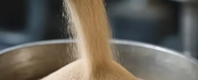 Close-up of powder flow from a hopper, illustrating the link between packing density and powder flow.