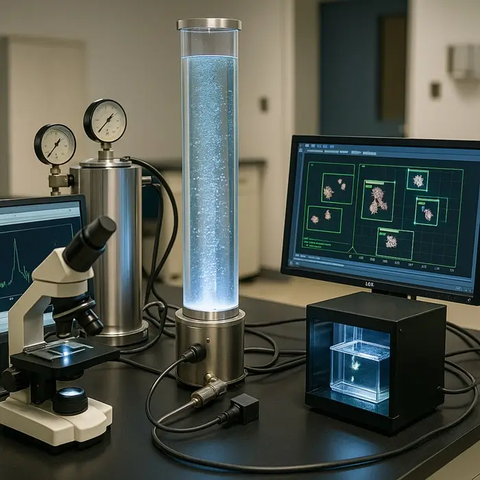 Deep-sea particle dynamics for powder engineering tools: Raman microscope, settling column, FTIR, AI analysis.