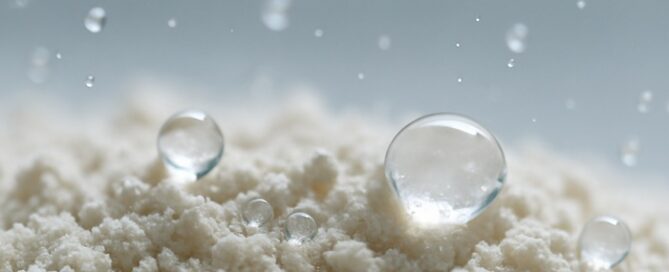 Close-up macro view showing moisture droplets condensing on fine powder particles, illustrating moisture risk in powder formulations.