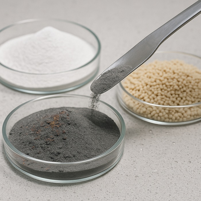 Three Petri dishes with metal, ceramic, and polymer powders, plus a spatula pouring metallic powder, illustrating powder testing circular economy.