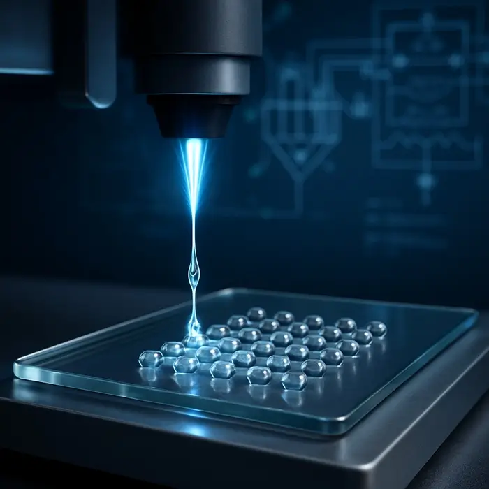Macro view of laser-assisted bioprinting: a clean ligament ejects a micrometer droplet onto a glass substrate patterned with droplets.