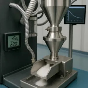 Loss-in-weight feeder with anti-static hoses and RH display, used to link settings to charge decay time.