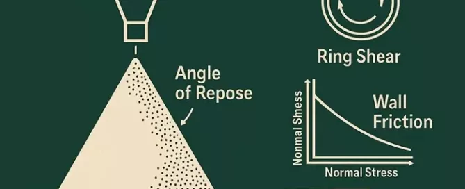 Angle of repose and flowability: infographic comparing a poured cone with ring shear, wall friction, and timed discharge tests.