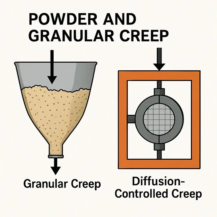 Square hero illustrating powder creep mechanisms: granular creep in a hopper and diffusion creep in a tensile frame.