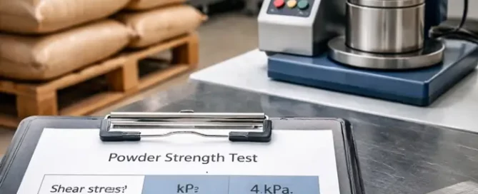 Clipboard showing a t0 vs t24 powder strength table next to a shear tester and stacked bags, used to separate caking from compaction.