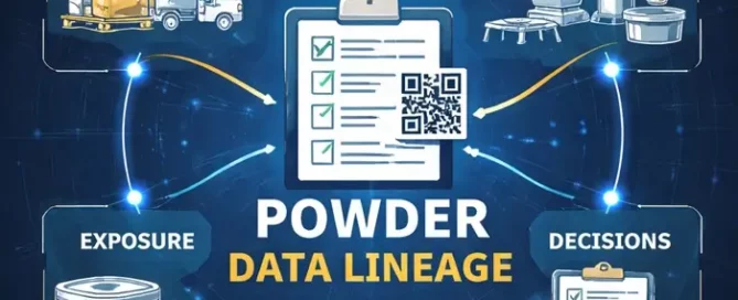 Powder data lineage infographic showing a QR coded checklist linking provenance, processing, exposure, and release decisions.