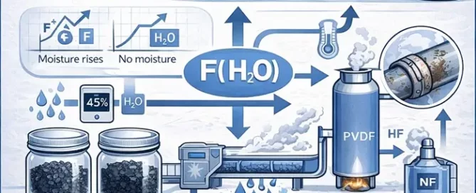 Water-soluble fluoride in black mass, simplified diagram showing the three main control levers: upstream electrolyte removal, moisture exposure during handling, and thermal conditioning with off gas control.
