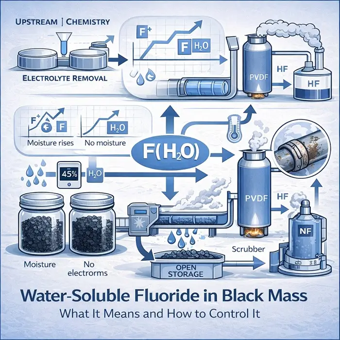 Water-soluble fluoride in black mass, simplified diagram showing the three main control levers: upstream electrolyte removal, moisture exposure during handling, and thermal conditioning with off gas control.