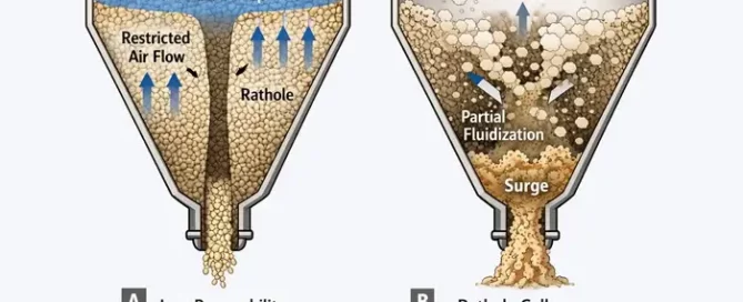 Permeability collapse in hopper discharge shown in a two-panel hopper diagram, with a pressure drop and rathole in Panel A, then rathole collapse, entrained air, and a discharge surge in Panel B.