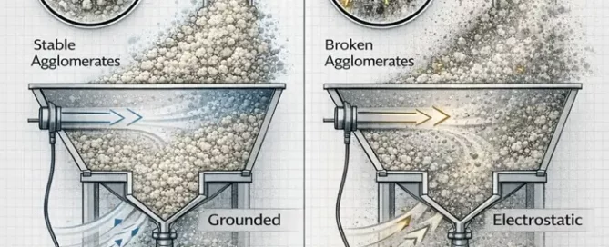Powder dustiness technical illustration comparing two transfer situations with the same PSD, showing how moisture history, agglomerate stability, and electrostatic effects change particle detachment and airborne dust release.