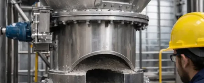 Free-flowing powder arching at a stainless steel hopper outlet in an industrial plant, showing blocked discharge and powder buildup during troubleshooting