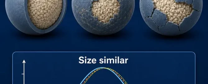 Coated particle damage illustration showing intact, abraded, and cracked particles with similar particle size distribution.