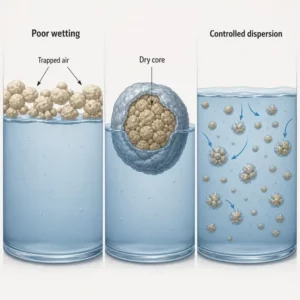 Powder wettability illustration showing poor wetting, trapped air, dry-core clumping, and controlled dispersion in liquid.