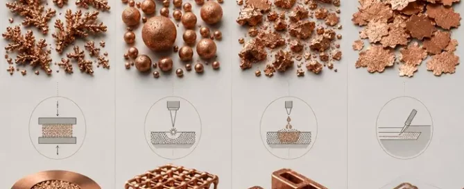 Technical comparison of copper powder morphologies used in electrification applications, including dendritic, spherical, irregular, and flake copper particles.