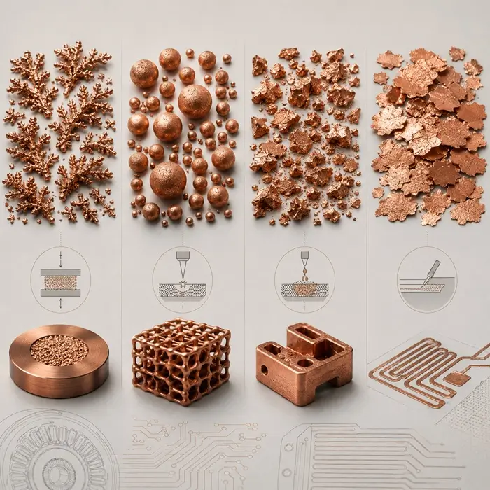 Technical comparison of copper powder morphologies used in electrification applications, including dendritic, spherical, irregular, and flake copper particles.