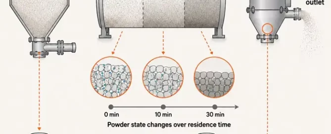 Powder residence time diagram showing how an early sample can differ from the powder state at the failure point
