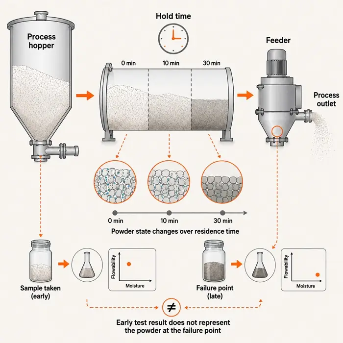Powder residence time diagram showing how an early sample can differ from the powder state at the failure point