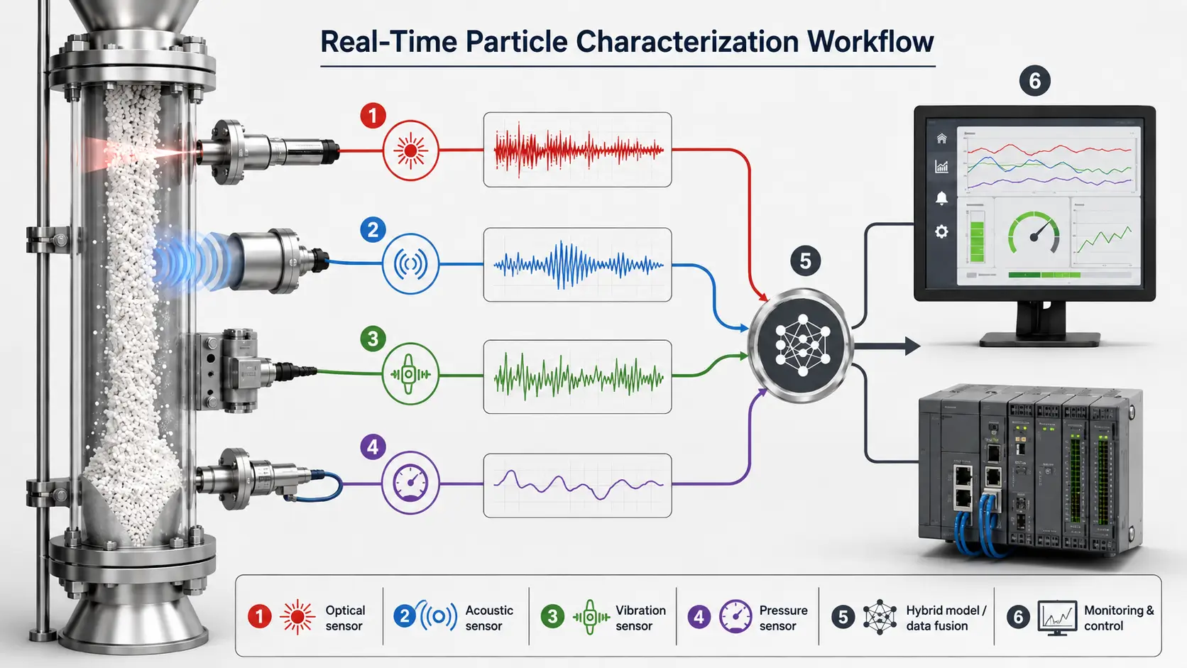Real-Time Particle Characterization Workflow Inline powder sensors sending optical, acoustic, vibration, and pressure signals into a hybrid model for real-time particle characterization.