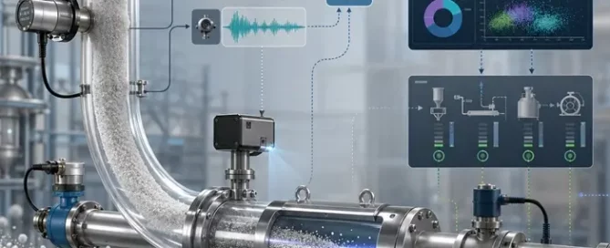 Real-time particle characterization system linking inline powder sensors, process data, and hybrid models for powder process control.