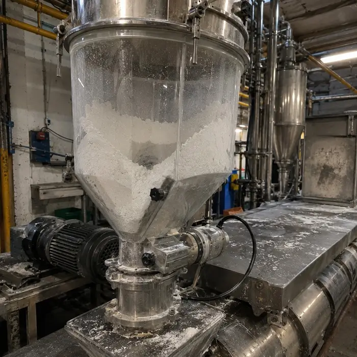 Calcium carbonate powder bridging inside a transparent feeder hopper on a polypropylene compounding line.