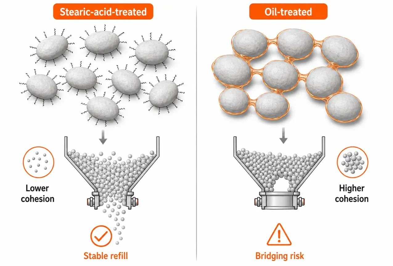 calcium-carbonate-surface-treatment-cohesion-feeder-refill Technical illustration comparing stearic-acid-treated and oil-treated calcium carbonate powder cohesion during feeder refill.