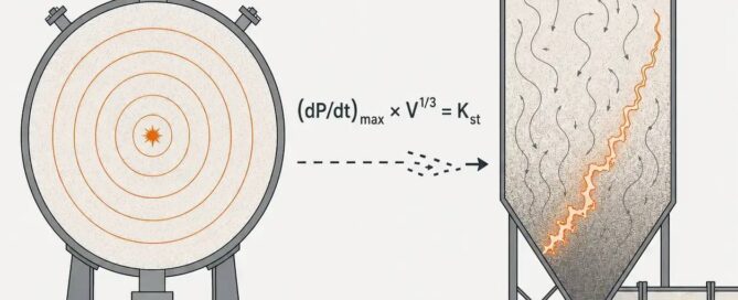 Technical diagram showing Kst explosion index limitations — standardized 20-litre sphere test conditions compared with real industrial vessel geometry and turbulence