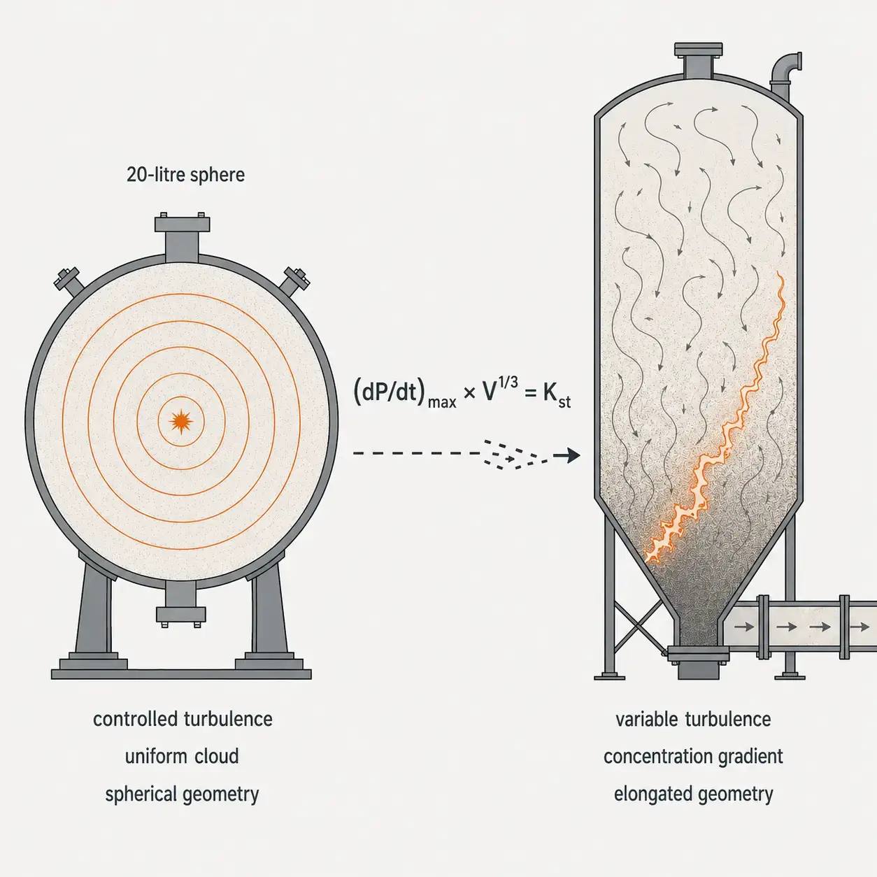 Technical diagram showing Kst explosion index limitations — standardized 20-litre sphere test conditions compared with real industrial vessel geometry and turbulence