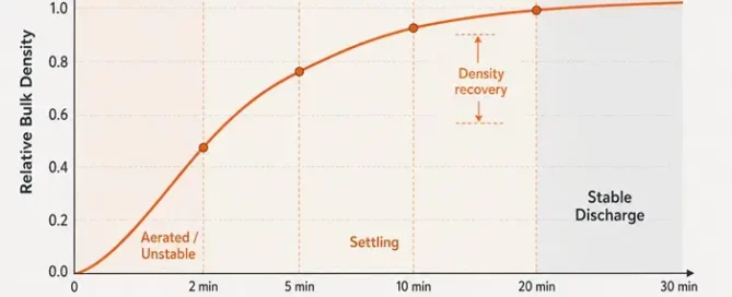 Technical infographic showing powder deaeration, permeability, density recovery, air retention, flushing, surging, and feeder instability after filling.