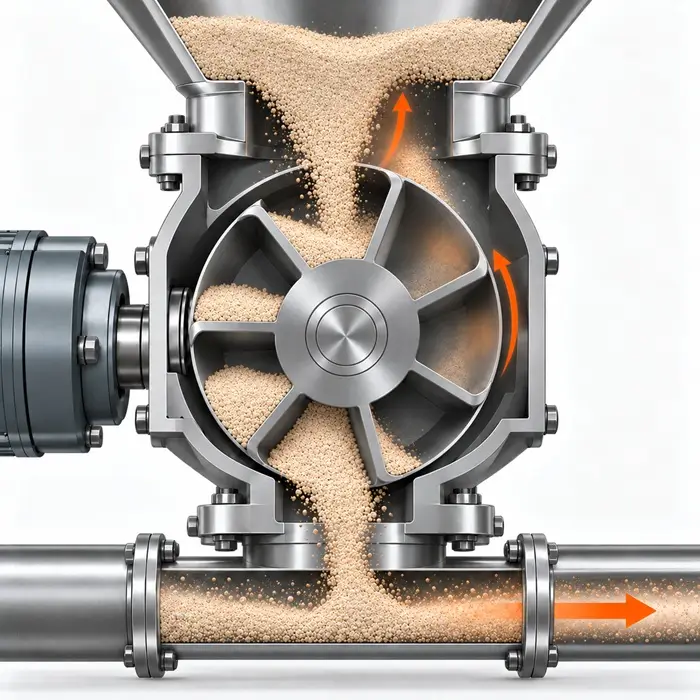 Cutaway of a rotary airlock showing partially filled powder pockets, returning gas near the inlet, and discharge into a pneumatic conveying line.