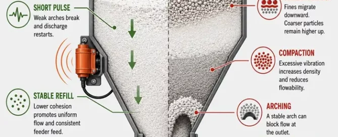 Technical diagram of vibration as a flow aid showing hopper discharge, compaction, segregation risk, and feeder stability.