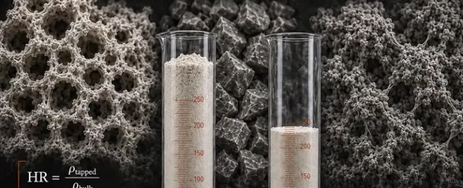 Technical hero image for a PowderTechnology.info Monthly Know-How on Hausner Ratio and Carr Index, showing two graduated cylinders with loose and tapped powder, three different powder mechanism backgrounds, the Hausner Ratio and Carr Index formulas, a workflow from result to next test, and a reference to an included practical interpretation guide.