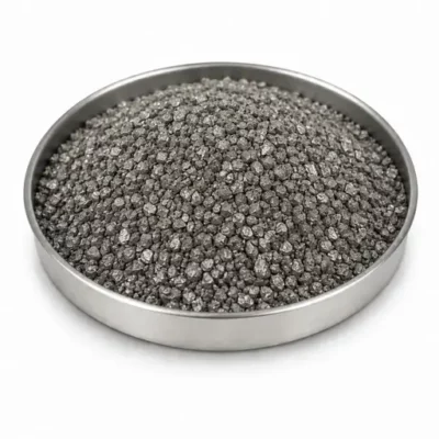 Cold-spray and solid-state deposition powder in a stainless steel sample dish