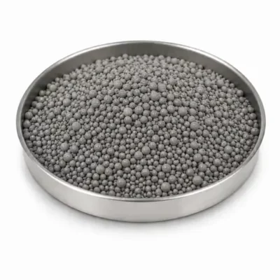 Electron-beam powder-bed fusion feedstock in a stainless steel sample dish