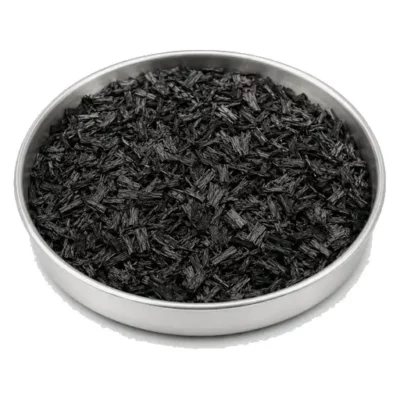 Representative chopped carbon fiber reinforcement in a shallow stainless steel sample dish