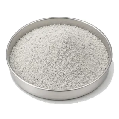 Representative high-temperature ceramic powder in a shallow stainless steel sample dish