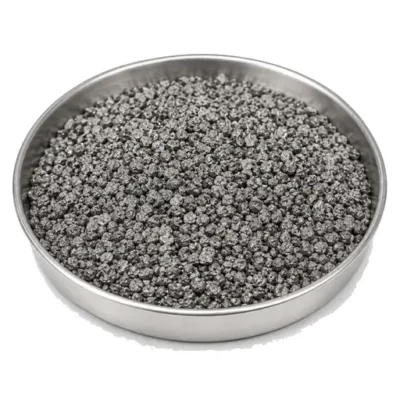 Representative nickel-based superalloy powder in a shallow stainless steel sample dish