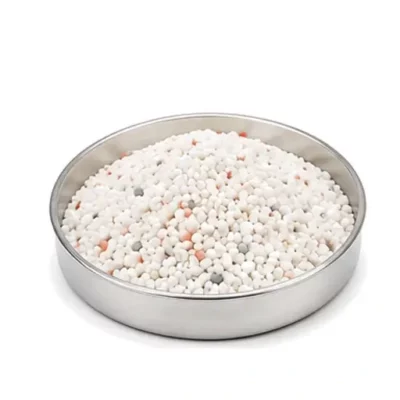 Representative mineral fertilizer crystals and soluble salts in a shallow stainless steel sample dish