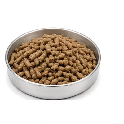 Representative pelleted and extruded animal feed in a shallow stainless steel sample dish