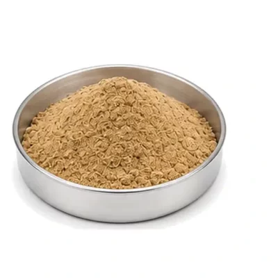 Representative protein meal and feed concentrate in a shallow stainless steel sample dish