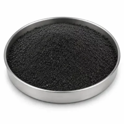 Natural and synthetic graphite anode powder in a stainless steel sample dish