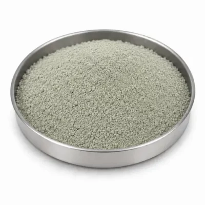 Nickel cobalt manganese precursor powder in a stainless steel sample dish