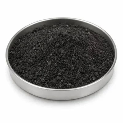 Recycled battery black mass and recovered powder in a stainless steel sample dish