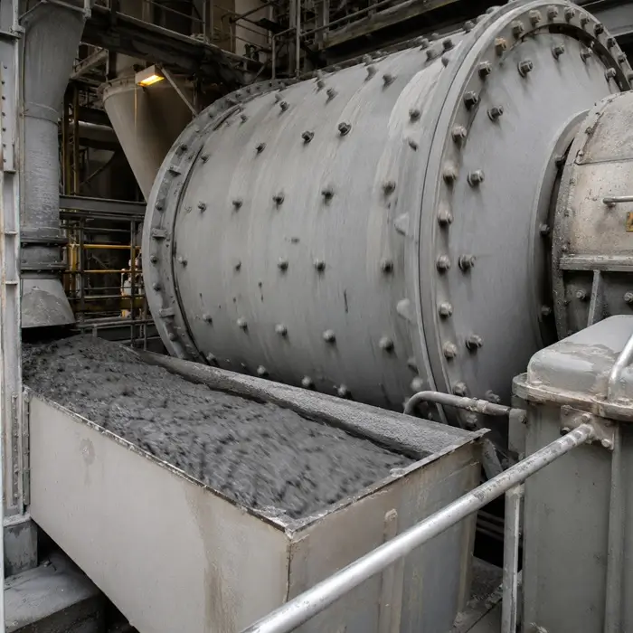 cement-grinding-process-clinker-mill Industrial cement grinding mill processing clinker inside a dusty cement production plant.