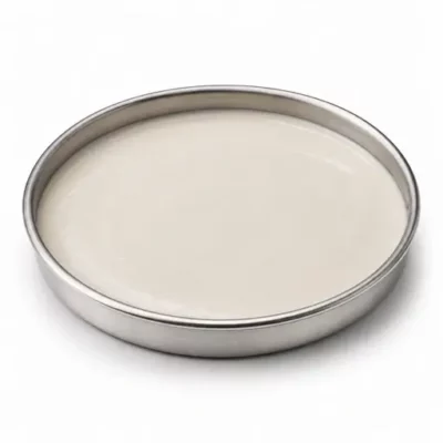 Ceramic slurry and dispersed solids in a shallow stainless steel sample dish
