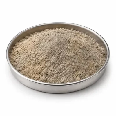 Clay minerals and ceramic body powder in a shallow stainless steel sample dish