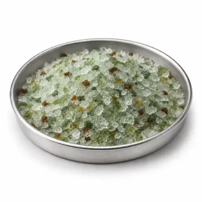Cullet and recycled glass feedstock in a shallow stainless steel sample dish