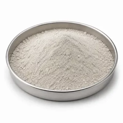 Reclaimed ceramic fines and powder in a shallow stainless steel sample dish
