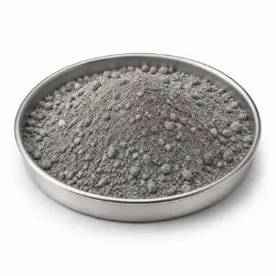 Refractory powder and castable mix in a shallow stainless steel sample dish
