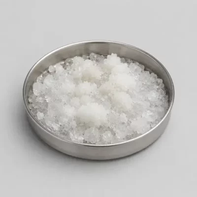 Coarse crystalline salt in a stainless steel sample dish